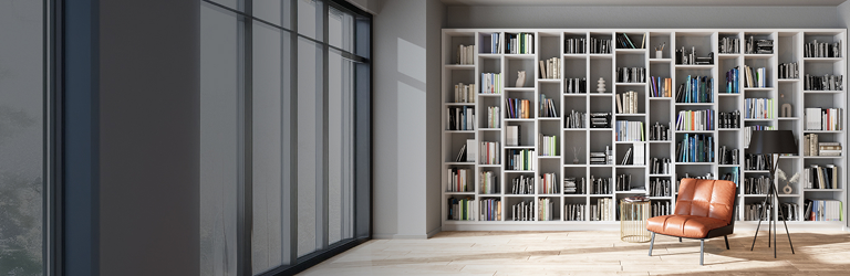 A wall filled with bookshelves.