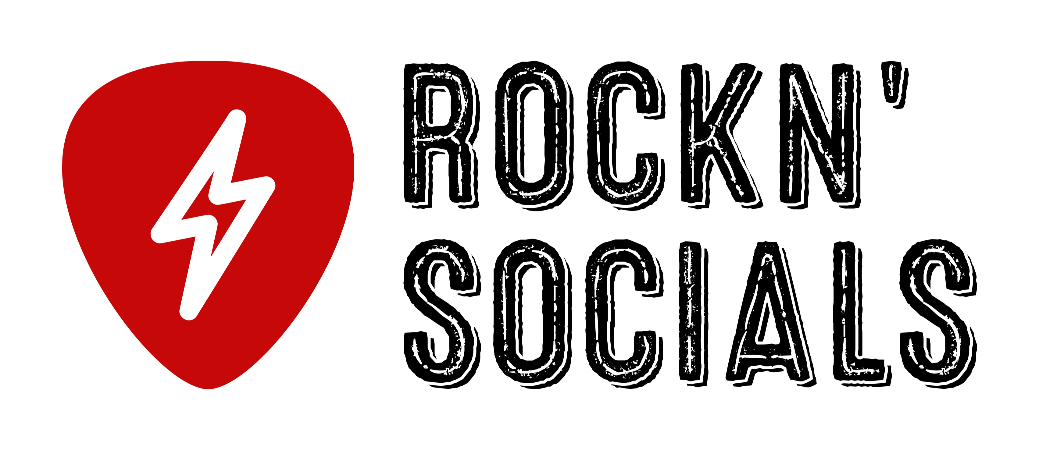 RockN’ Socials logo featuring a red guitar pick with a white lightning bolt next to bold black RockN’ Socials lettering on a light background. The design represents energy, creativity, and modern digital marketing.