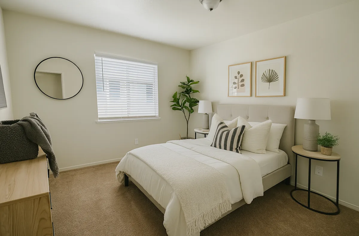 A bedroom with a large bed and a painting on the wall.