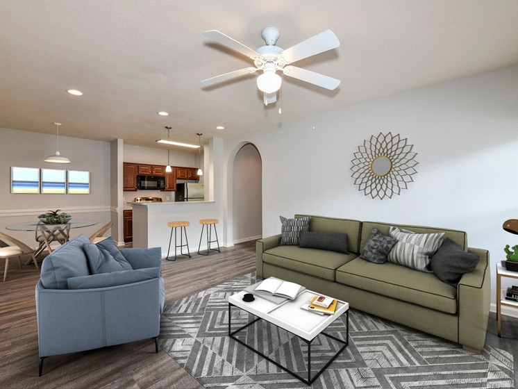 Large Open Floorplans with Ceiling Fans in Living and Bedroom Areas at The Finley Apartment Homes