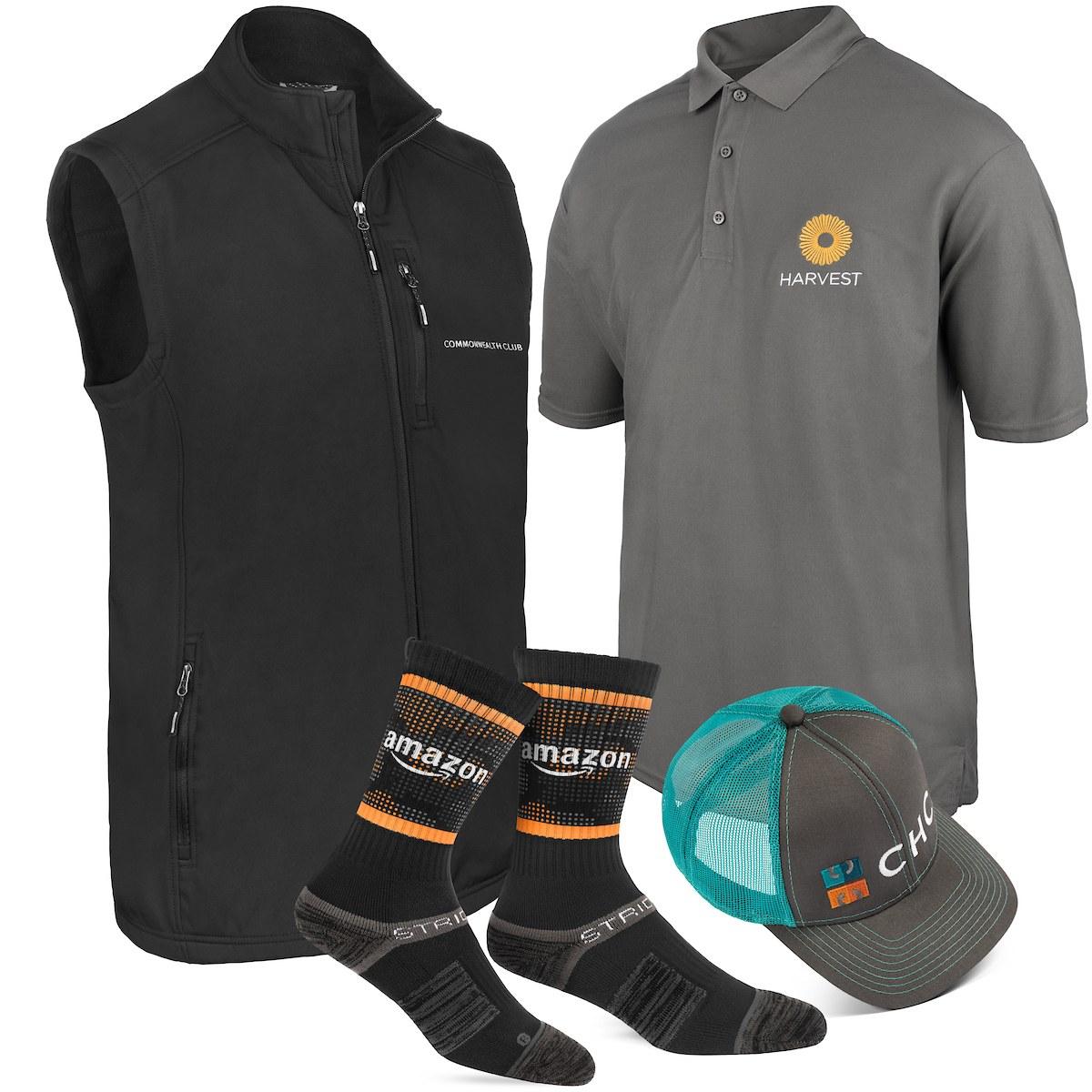 Vest, polo, cap and socks for several brands. Branded apparel by PLC Print.