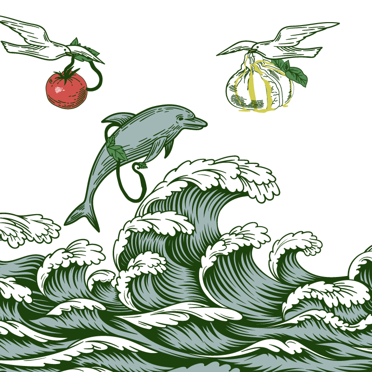 A dolphin breaches breaking waves, while a seagull flies above carrying a fresh tomato towards another seagull carrying fresh burrata cheese.