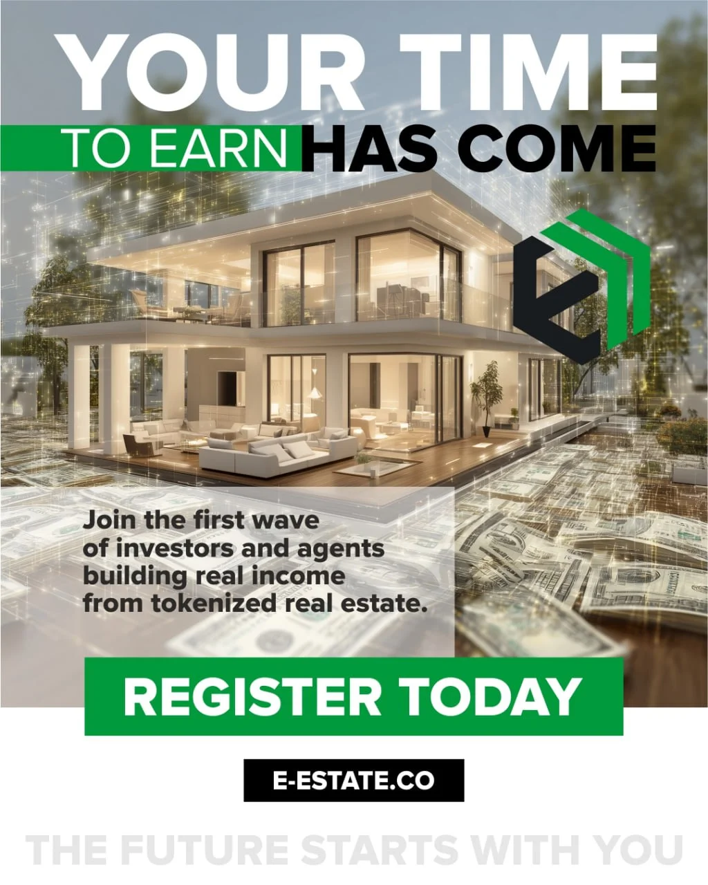 A modern, luxurious house is prominently displayed in the center of the image, with a backdrop of di 