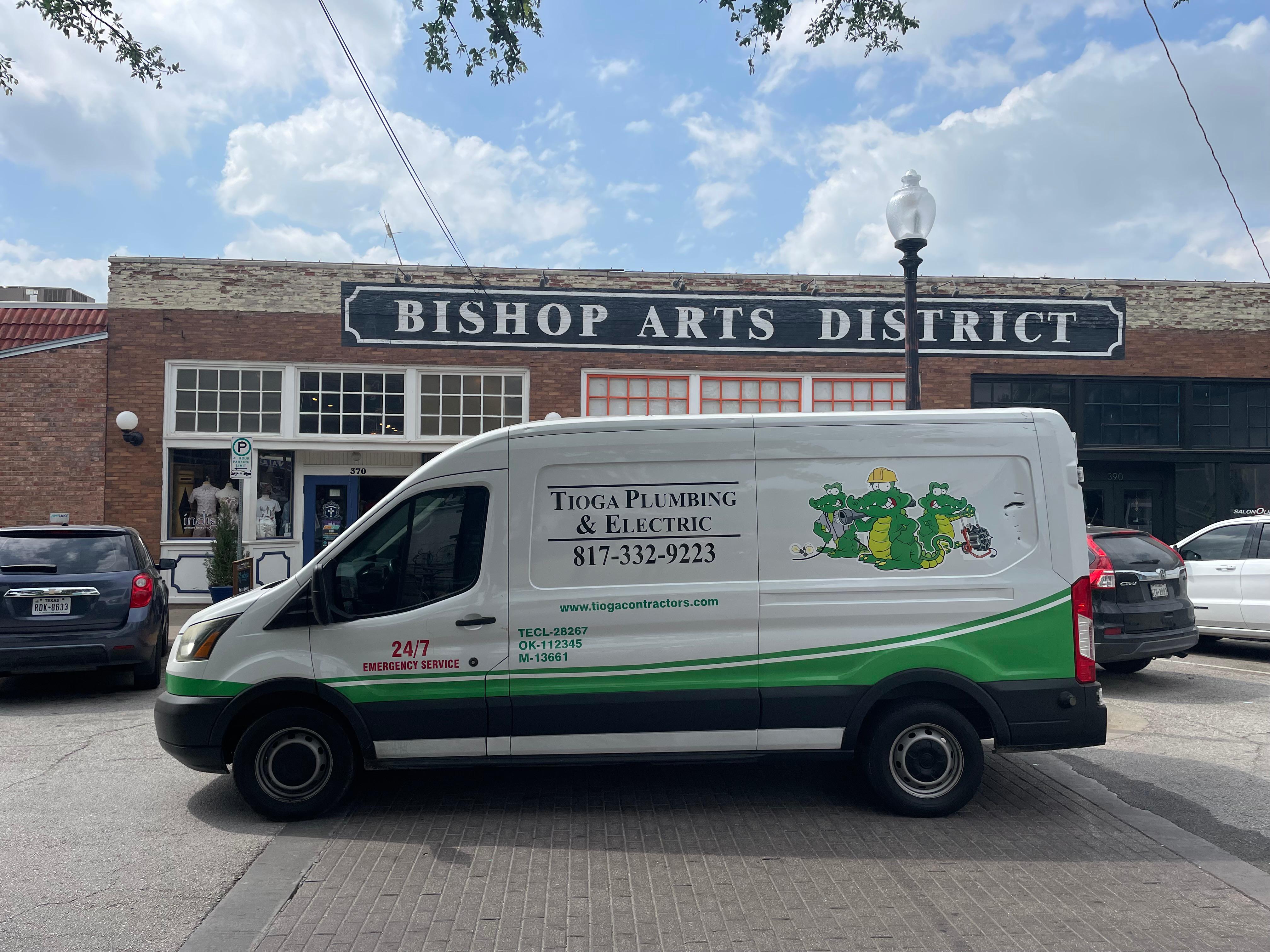 A Tioga Plumbing & Electric service vehicle in the Bishop Arts District in Dallas Texas.