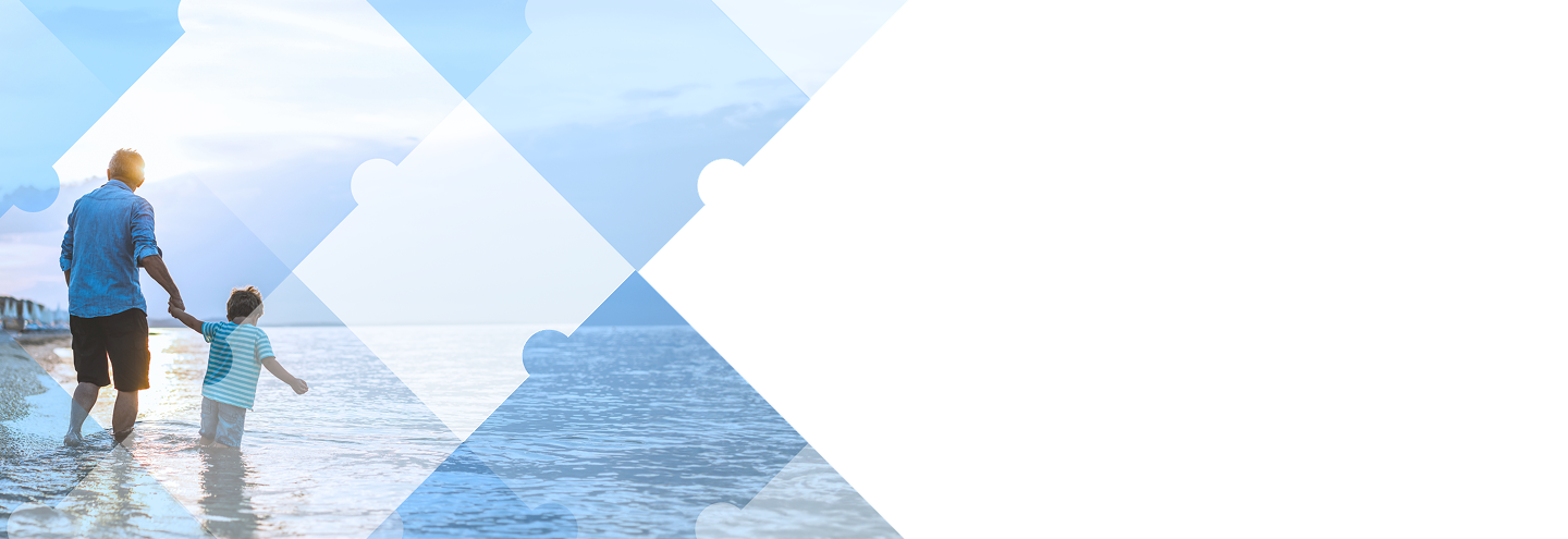 A grandfather and child walking in a lake, with a puzzle piece gradient on top.