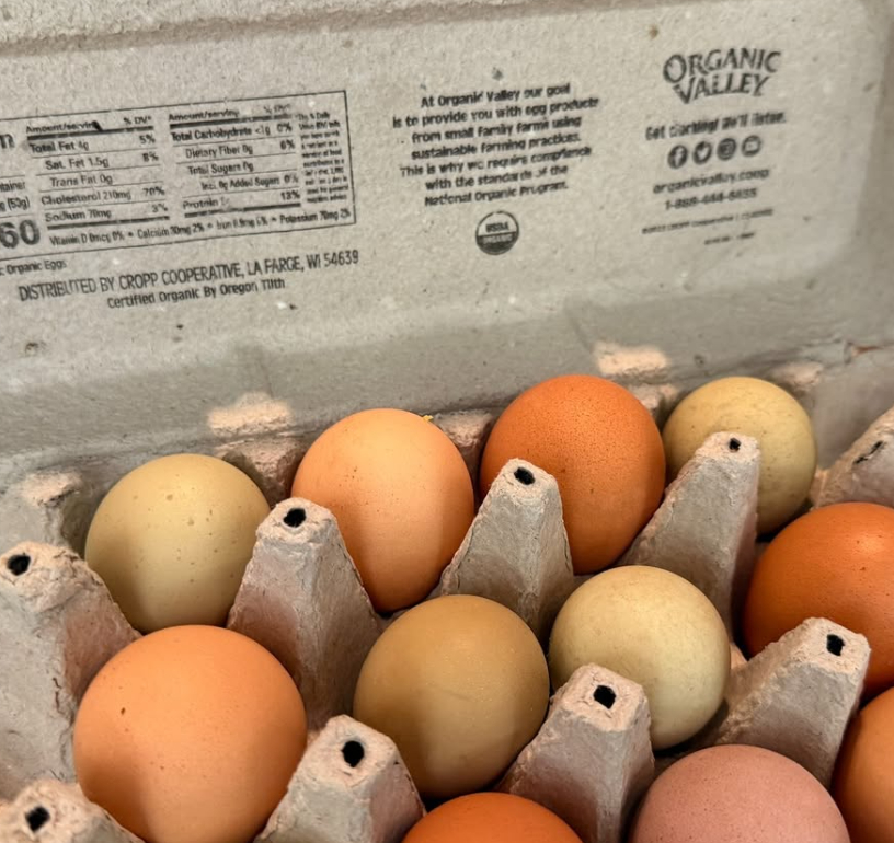 An open Organic Valley cardboard egg carton filled with natural, multi-colored pasture-raised farm eggs. The nutritional information and farm sourcing label are visible on the inner lid.