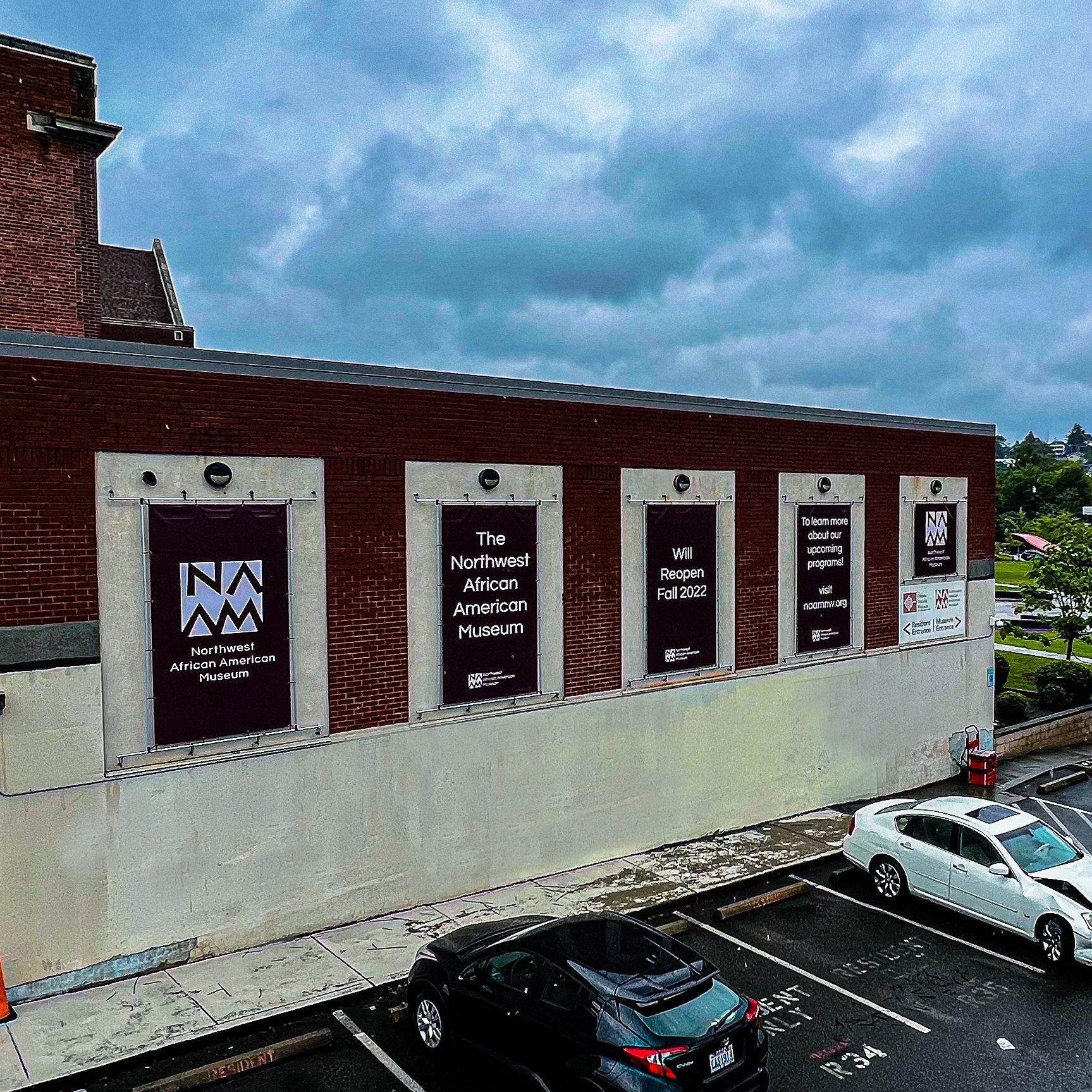 Large vinyl banners for the Northwest African American Museum's building facade, printed by Ardor Printing.