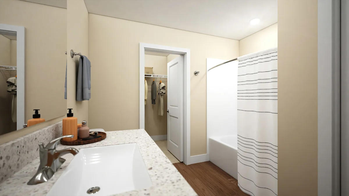Bathroom with tub and shower curtain