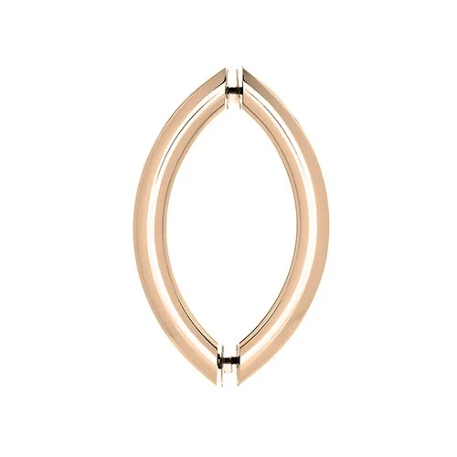 A single, oval-shaped, rose gold door pull handle is presented against a plain white background. The handle has a sleek, modern design, with a polished metallic finish that reflects light. It appears to be made of metal and is shaped like two opposing crescent moons that meet at the center. The overall aesthetic is minimalist and elegant.