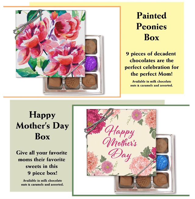 Discover the perfect Mother's Day gift at Florence's Exquisite Chocolates in Rexburg, Idaho! Pictured are two of our special 9-piece chocolate boxes: the elegant "Painted Peonies Box" and the festive "Happy Mother's Day Box." Each box is filled with 9 pieces of our decadent, handcrafted chocolates, available in your choice of milk chocolate, nuts & caramels, or assorted varieties. These beautiful and delicious gift boxes are a wonderful way to celebrate and show appreciation for the moms in your life.