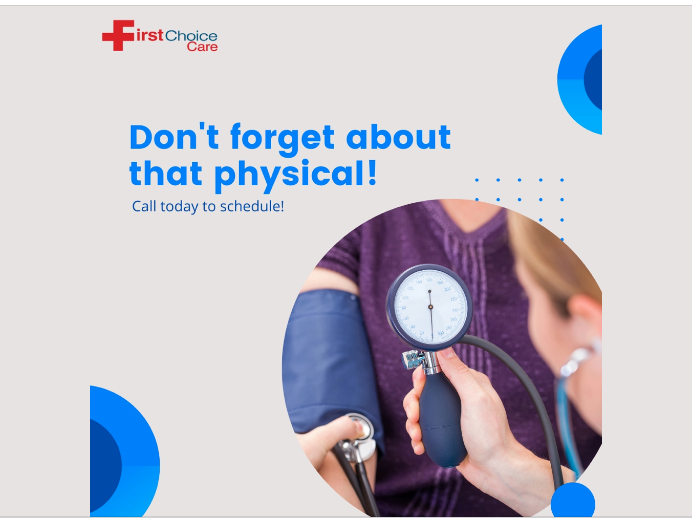 Have you scheduled your annual physical yet? If not, give First Choice Care a call! Annual physicals are an important step in preventative care, and to keep you in tip-top shape!