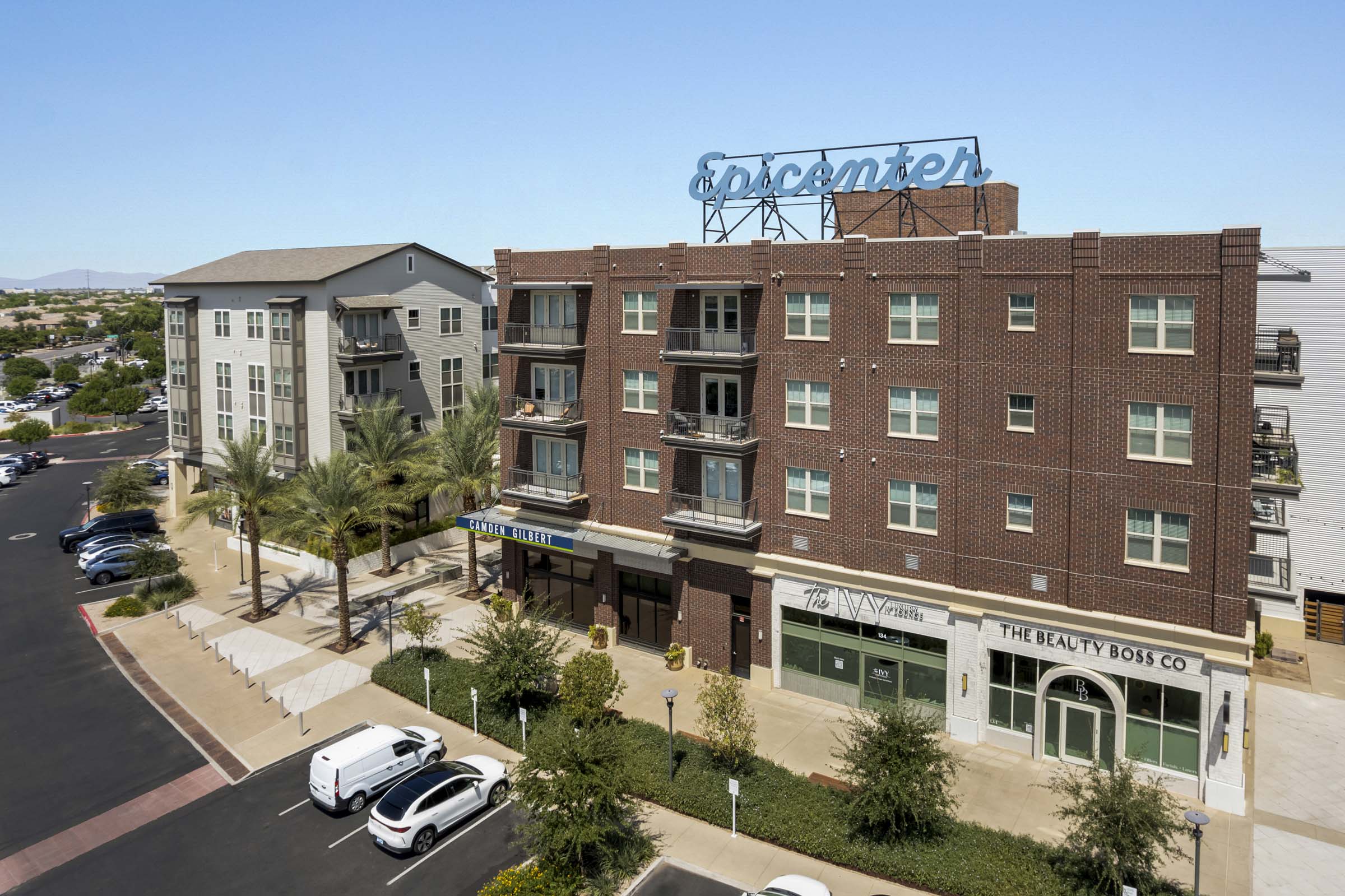 Exterior Epicenter and front leasing office entry at Camden Gilbert apartments in Gilbert, AZ 