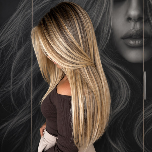 Full highlights paired with an express smoothing treatment at Avissa Salon in Ann Arbor create brigh 