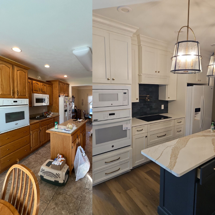 Fee Construction LLC transformed this outdated kitchen in Evansville, IN into a stunning modern space featuring white shaker cabinets, quartz countertops, a navy island, dark tile backsplash, and gold pendant lighting. Fee Construction specializes in full kitchen renovations in Evansville and the surrounding tri-state area. Call (812) 626-1013 or visit feeconstruction.com to start your project today.