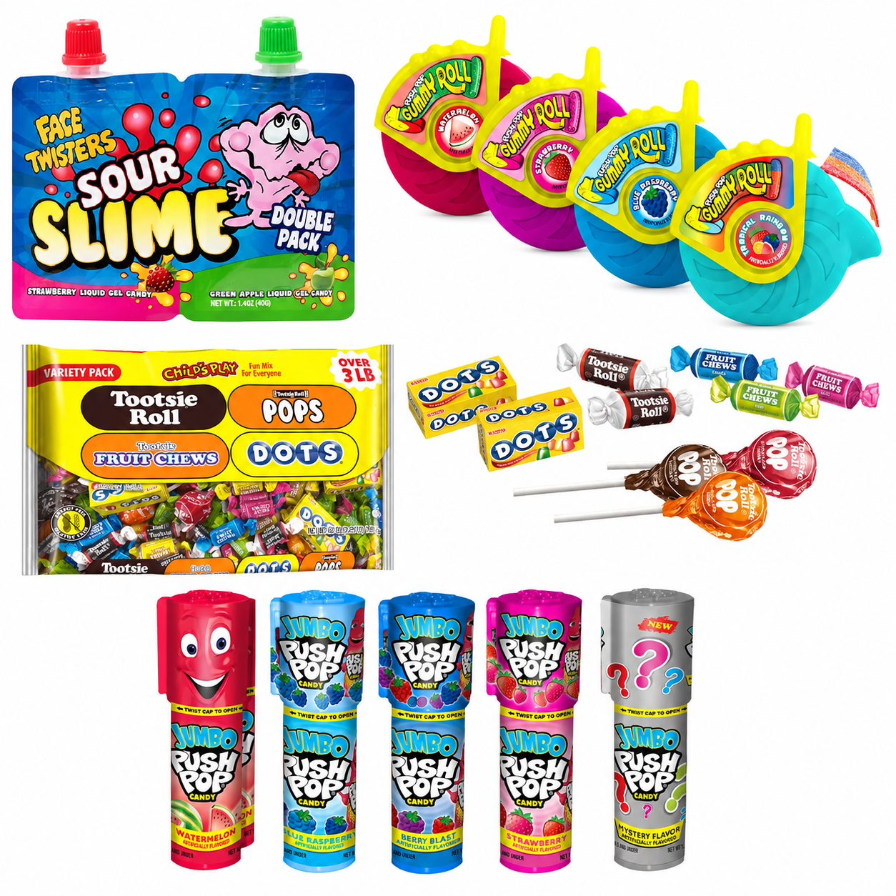 A vibrant collection of assorted novelty candies featuring sour gels, gummy rolls, fruit chews, lollipops, and flavored candy pops displayed in a clean retail-style collage.
