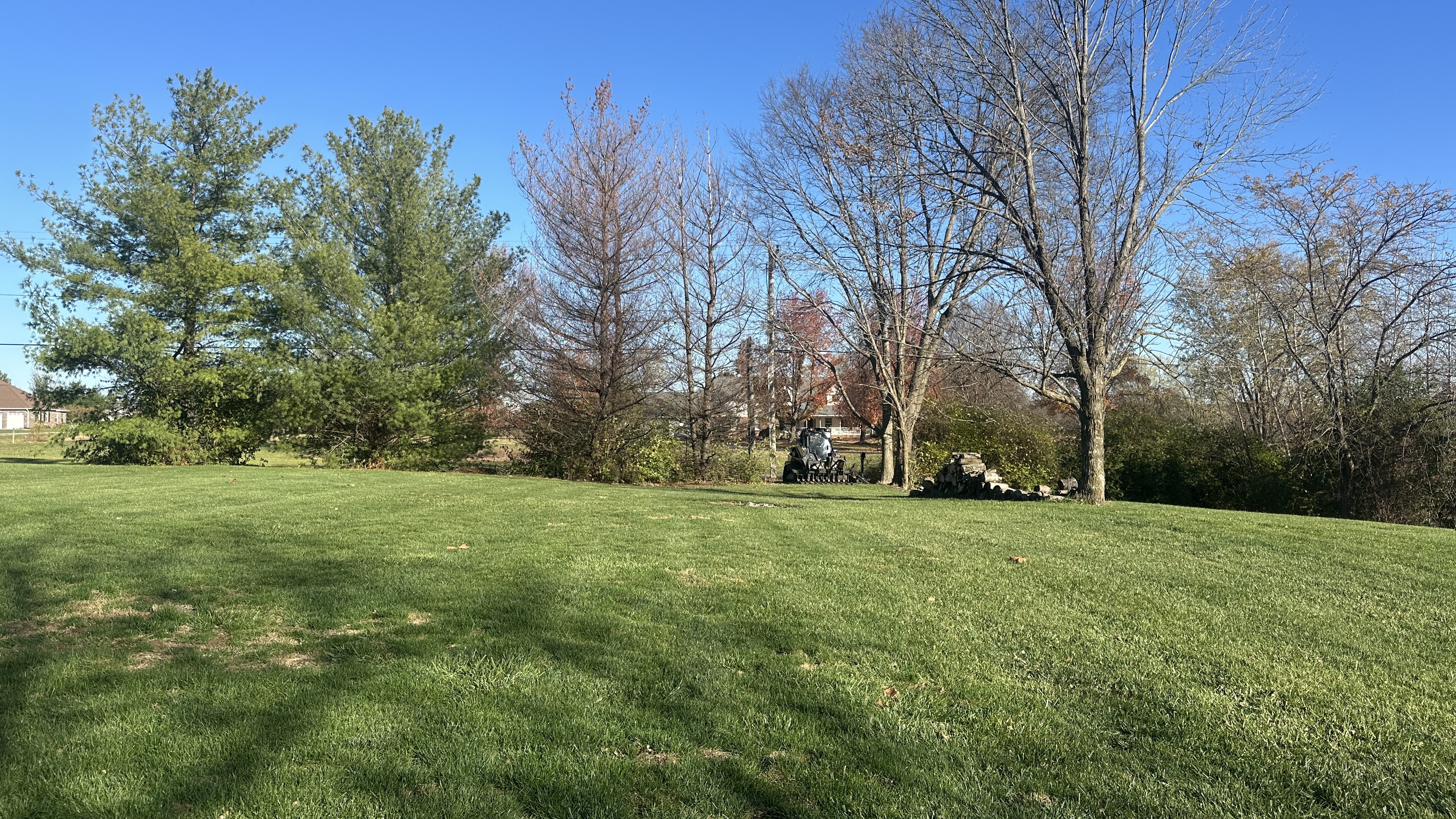 A green lawn slopes up towards a wooded area with a house visible in the background. A piece of landscaping equipment, possibly a tiller, is parked to the left of a pile of cut logs. The trees are a mix of evergreen and deciduous, with some showing signs of fall color.