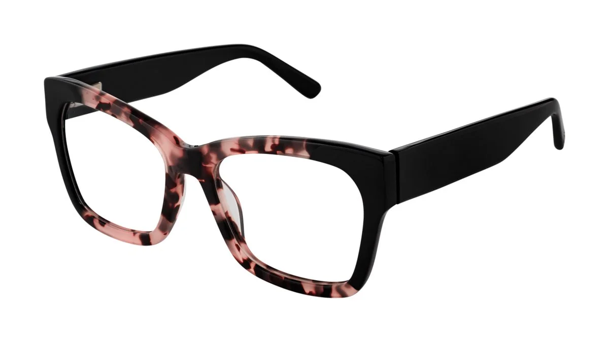 A pair of cat-eye style women's eyeglasses with a black frame and a tortoiseshell pattern on the front rim and upper part of the lenses. The eyeglasses are shown against a plain white background.