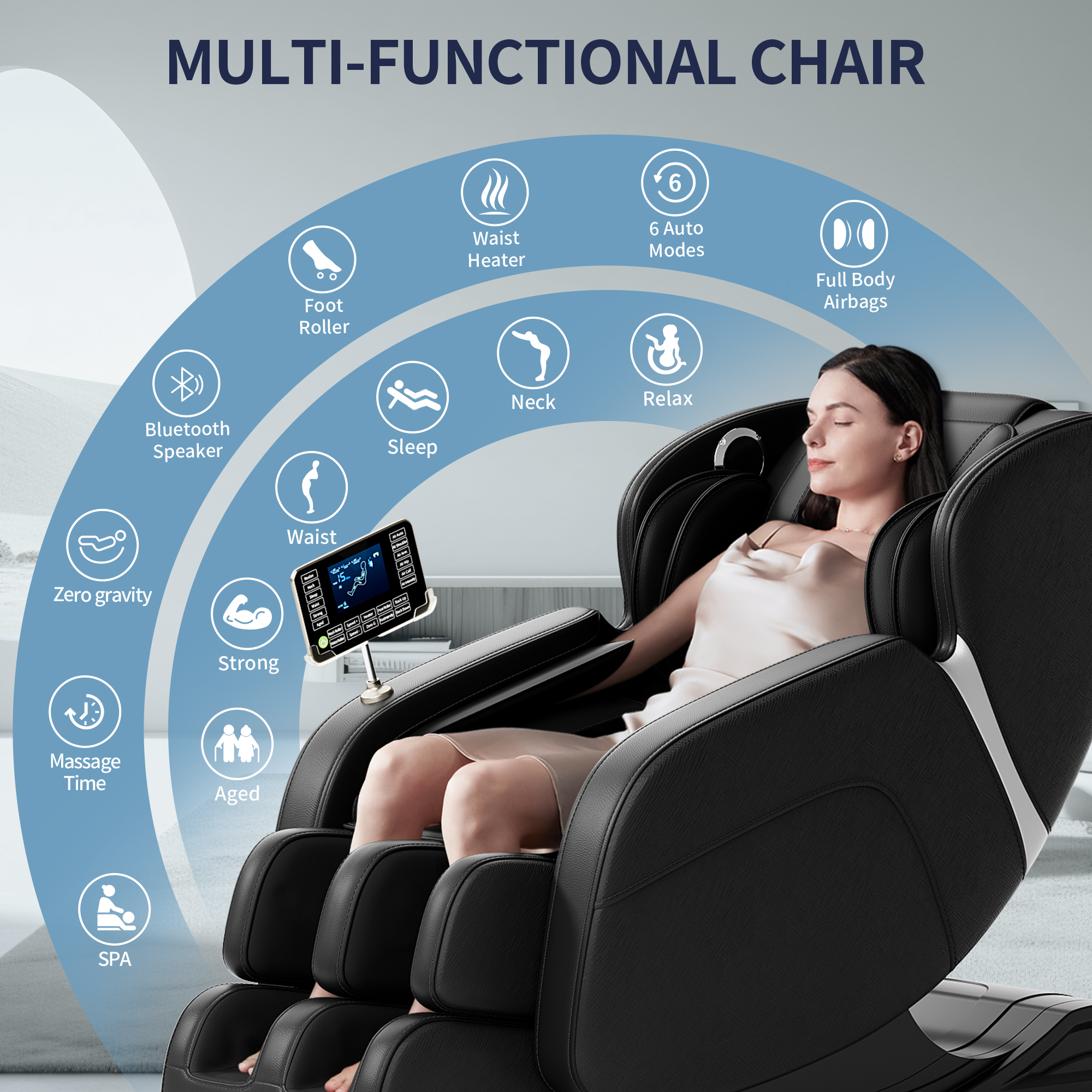A woman with her eyes closed is relaxing in a black multi-functional massage chair. Various features of the chair are illustrated around her with icons and text labels, including "Foot Roller," "Waist Heater," "6 Auto Modes," "Full Body Airbags," "Bluetooth Speaker," "Sleep," "Neck," "Relax," "Zero Gravity," "Waist," "Strong," "Aged," "Massage Time," and "SPA." A touchscreen control panel is attached to the armrest.