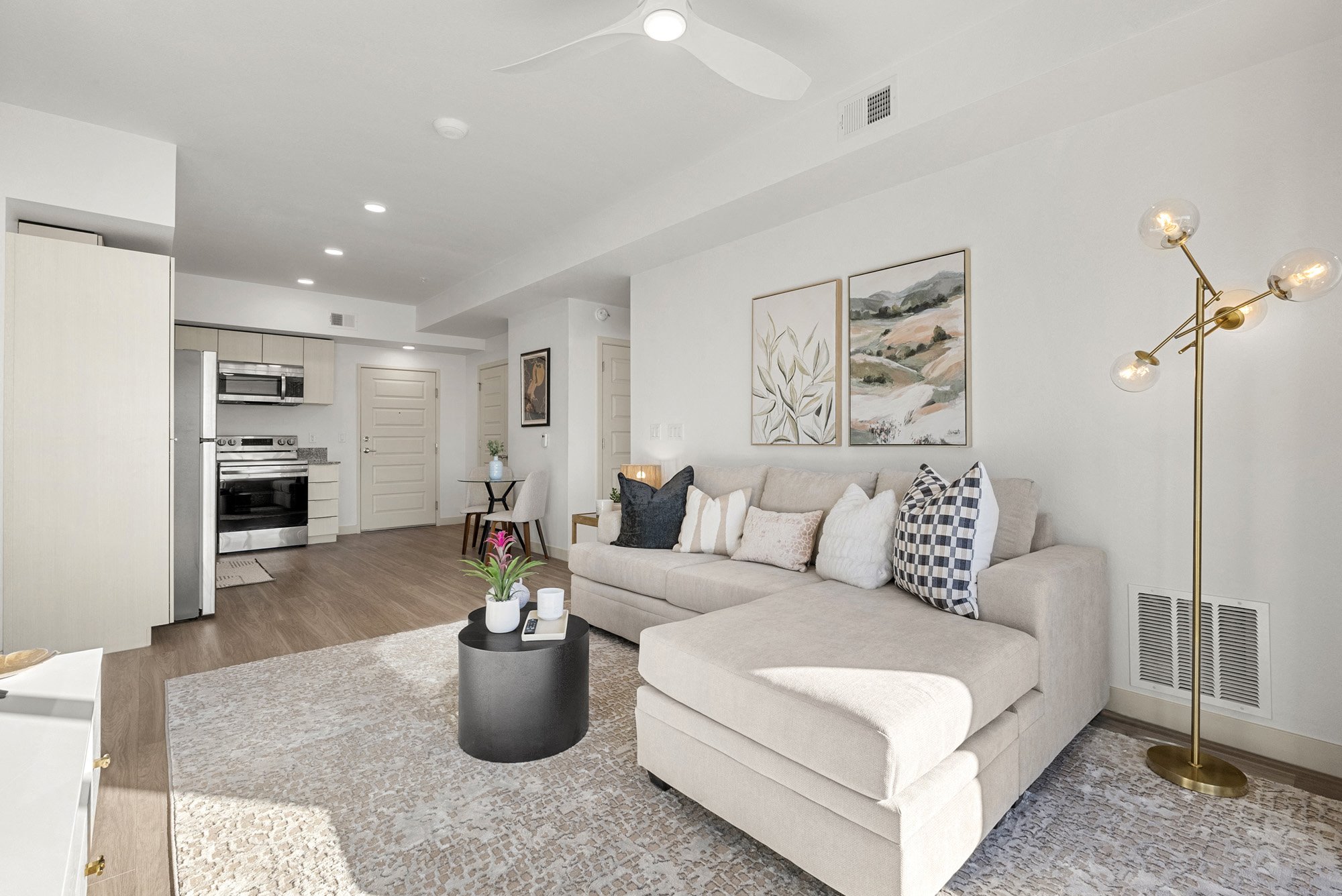 Open concept living room with modern furnishings