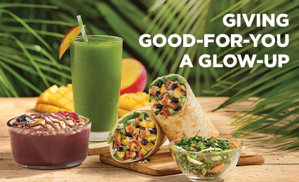 Tropical Smoothie Cafe lunch meal featuring a Detox Island Green® Smoothie, Acai bowl/smoothie bowl with Nutella® and fresh fruit, Caribbean Jerk Chicken Wrap sandwich, Kale & Apple Slaw side – perfect for a healthy or GLP-1 friendly option.