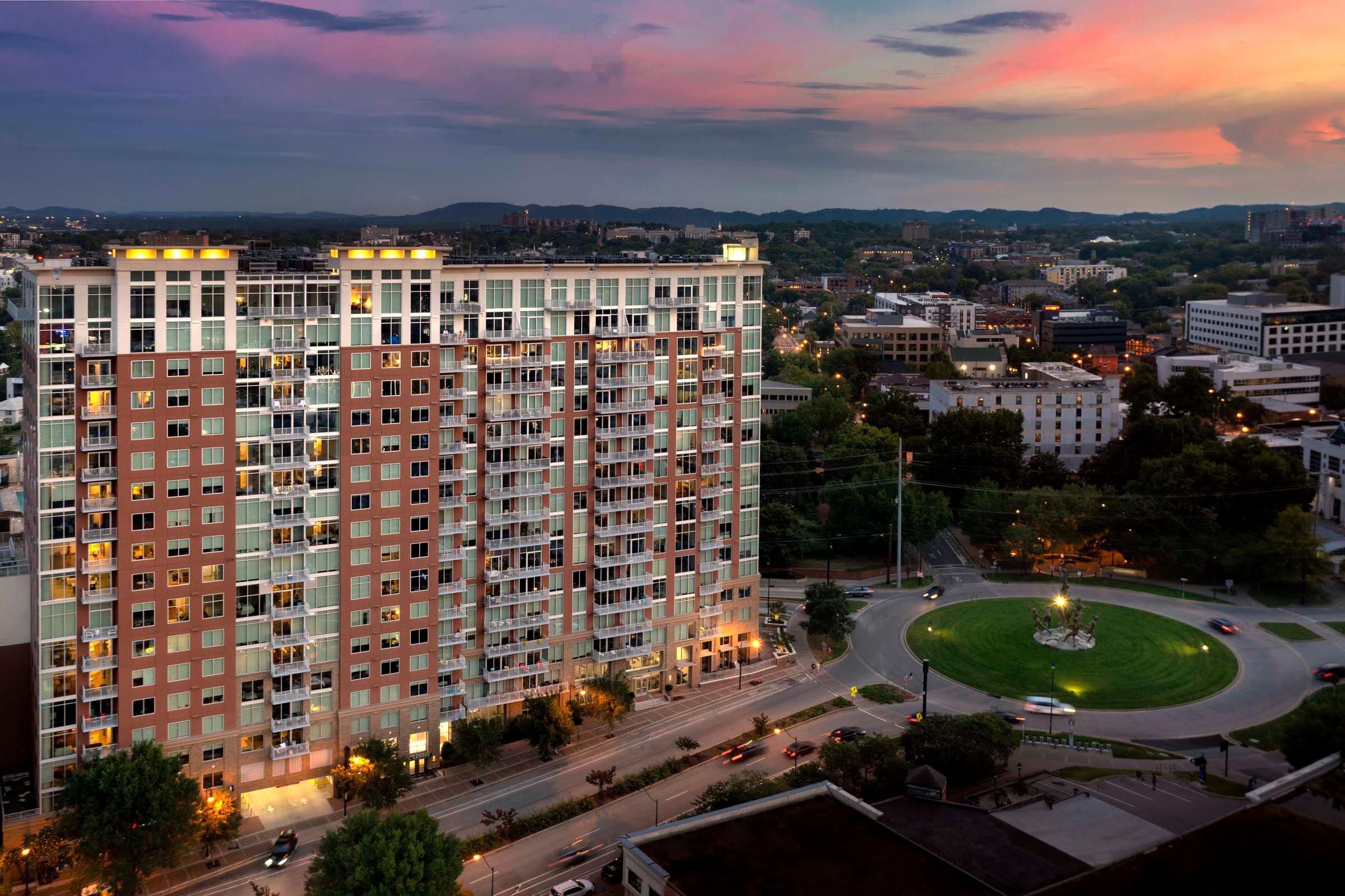 Aerial twilight view of Camden Music Row and Buddy Killen Circle