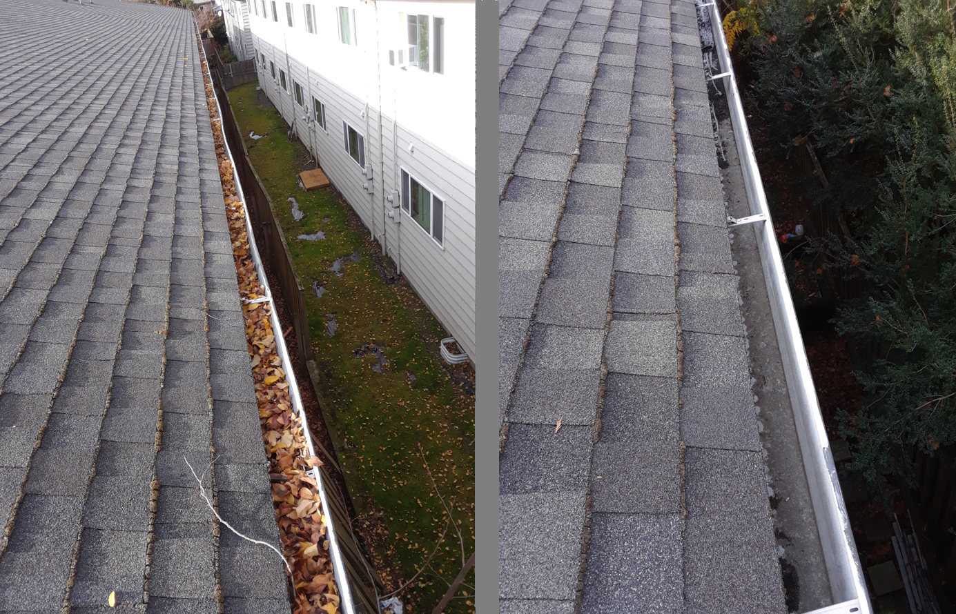 Before and after view of professional gutter cleaning completed by Snugs Services on a residential p 