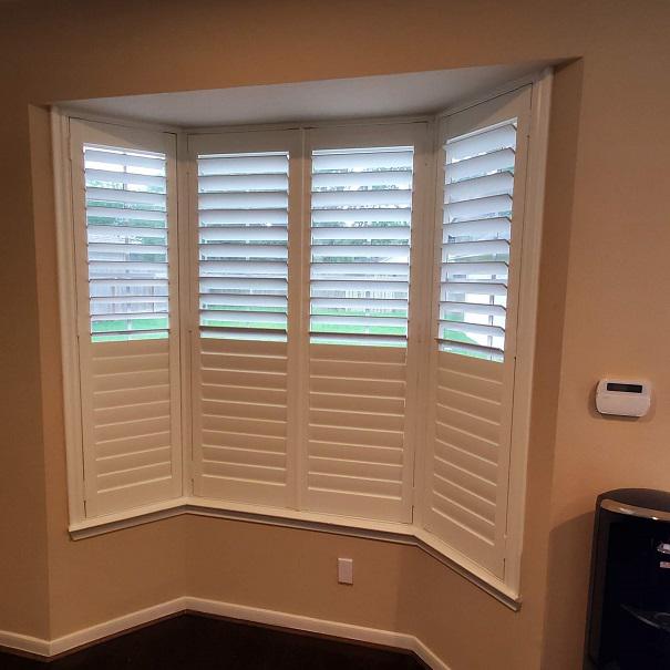 Sometimes you don’t want curtains—especially in a little alcove like this Katy home has. Our Composite Shutters offer privacy and shade, plus a great look in places where you need to save space! #BudgetBlindsKatySugarLand #Shutters #FreeConsultation #WindowWednesday