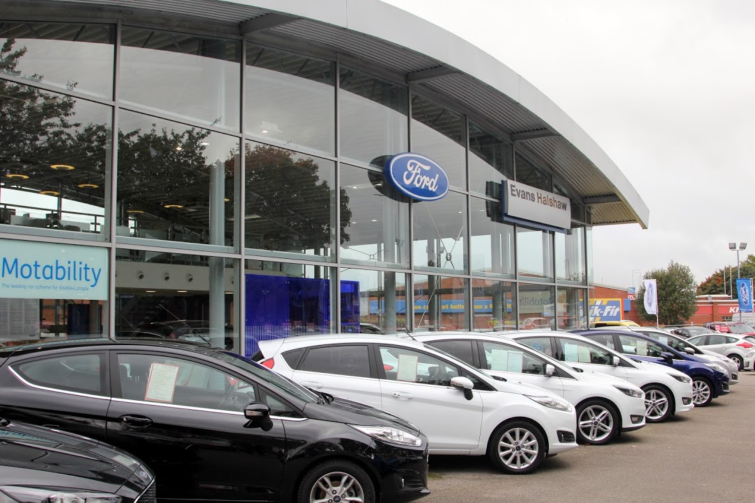 In front of the Ford Chester dealership Evans Halshaw Ford Chorley Chorley 01257 266221