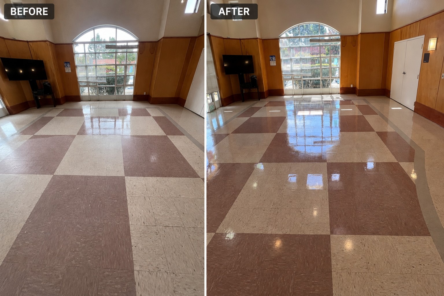 Before and after lobby floor cleaning and polishing by Star's Janitorial Services, restoring a high-gloss shine to a commercial entryway.