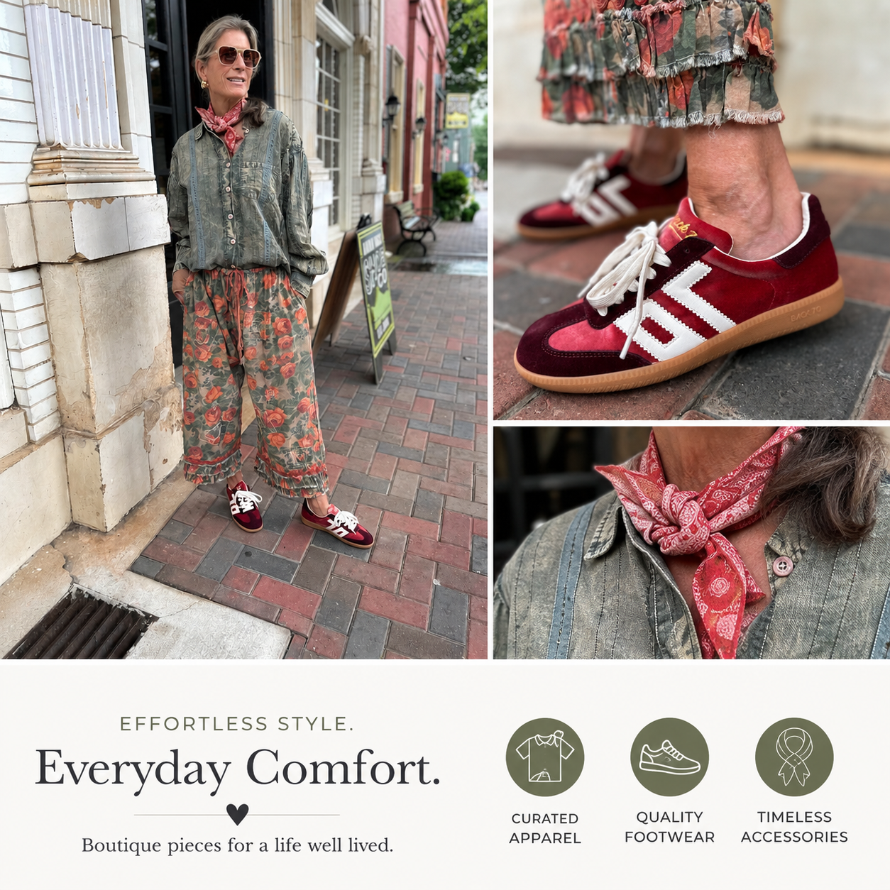 Women's boutique fashion featuring a coordinated outfit with a textured button-front top, floral print pants, statement scarf, and casual sneakers. This lifestyle collage highlights contemporary apparel, footwear, and accessories designed for everyday comfort and style.