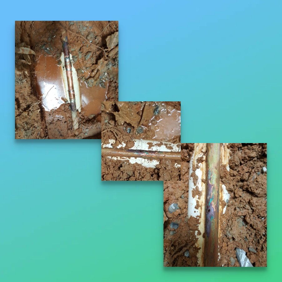 slab leak. Hole in copper pipe in kitchen of home.