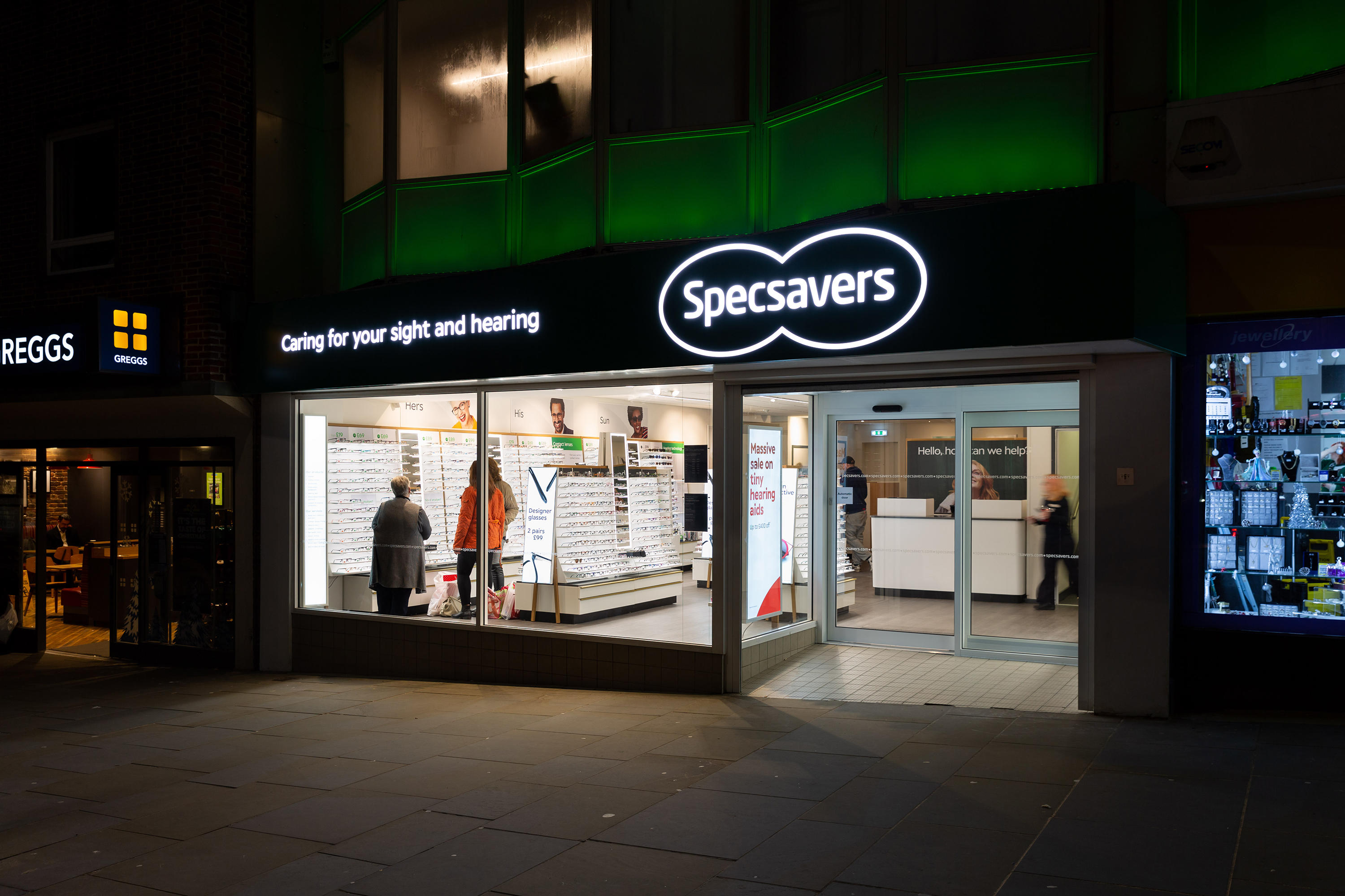 Specsavers Dudley - store exterior - nighttime Specsavers Opticians and Audiologists - Dudley Dudley 01384 214851