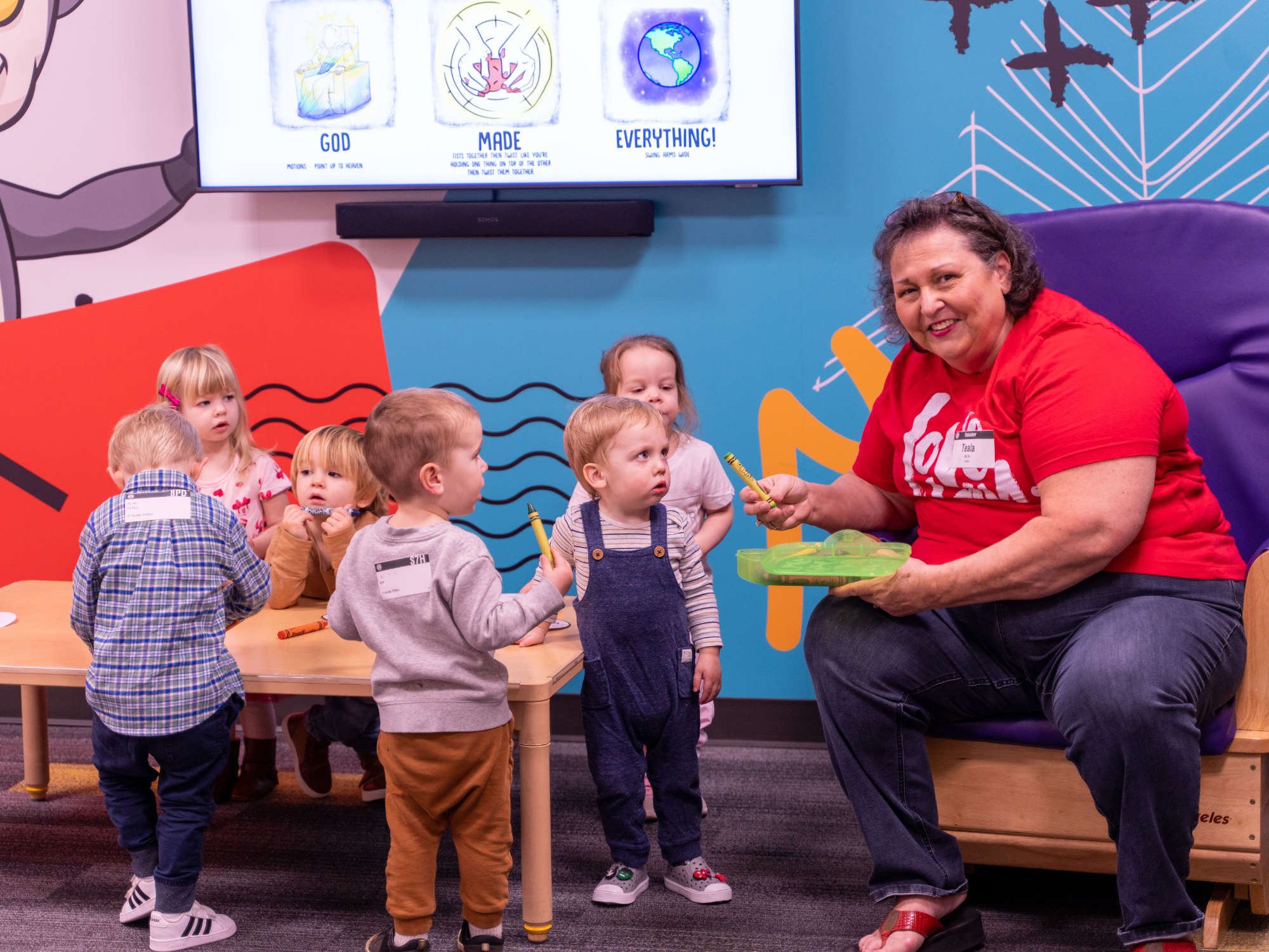 Kids ministry teacher and toddlers at Church on the Move in Broken Arrow, Oklahoma