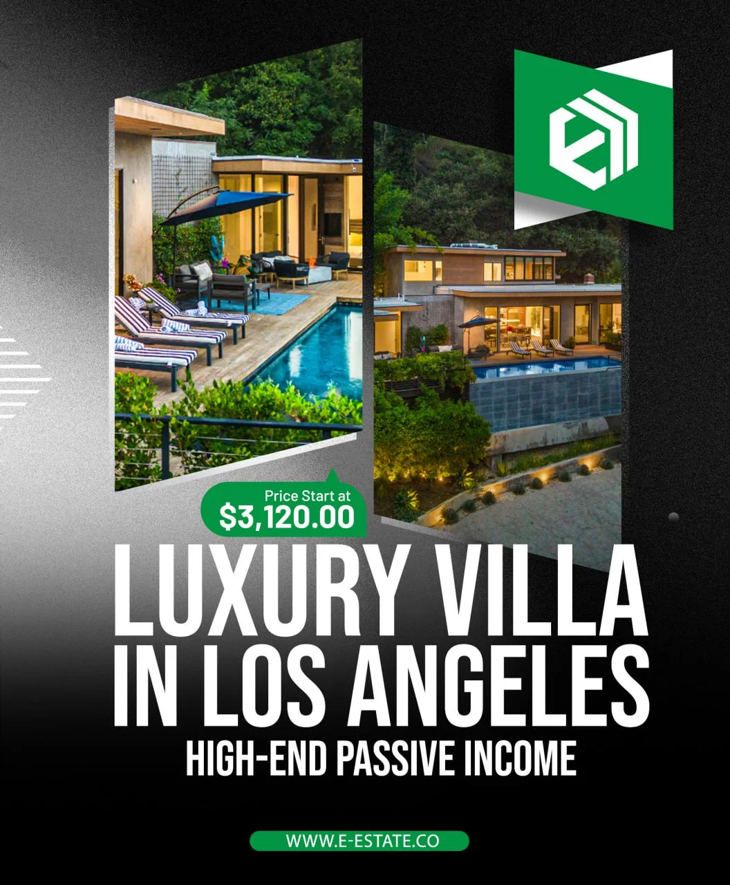 A collage of two images showcases a luxurious villa with a swimming pool. The left image features a  
