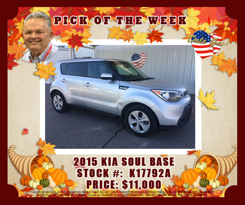 With Black Friday and Cyber Monday around the corner you don't want to miss out on Bob's Pick of the Week!! This 2015 Kia Soul Base is the perfect size for a growing adult! Call Bert Ogden Kia in Mission to set up a test drive! (956) 391-1570. Dale Gas!