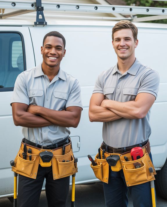 Two smiling male handymen, one Black and one White, stand in front of a white van with their arms cr 