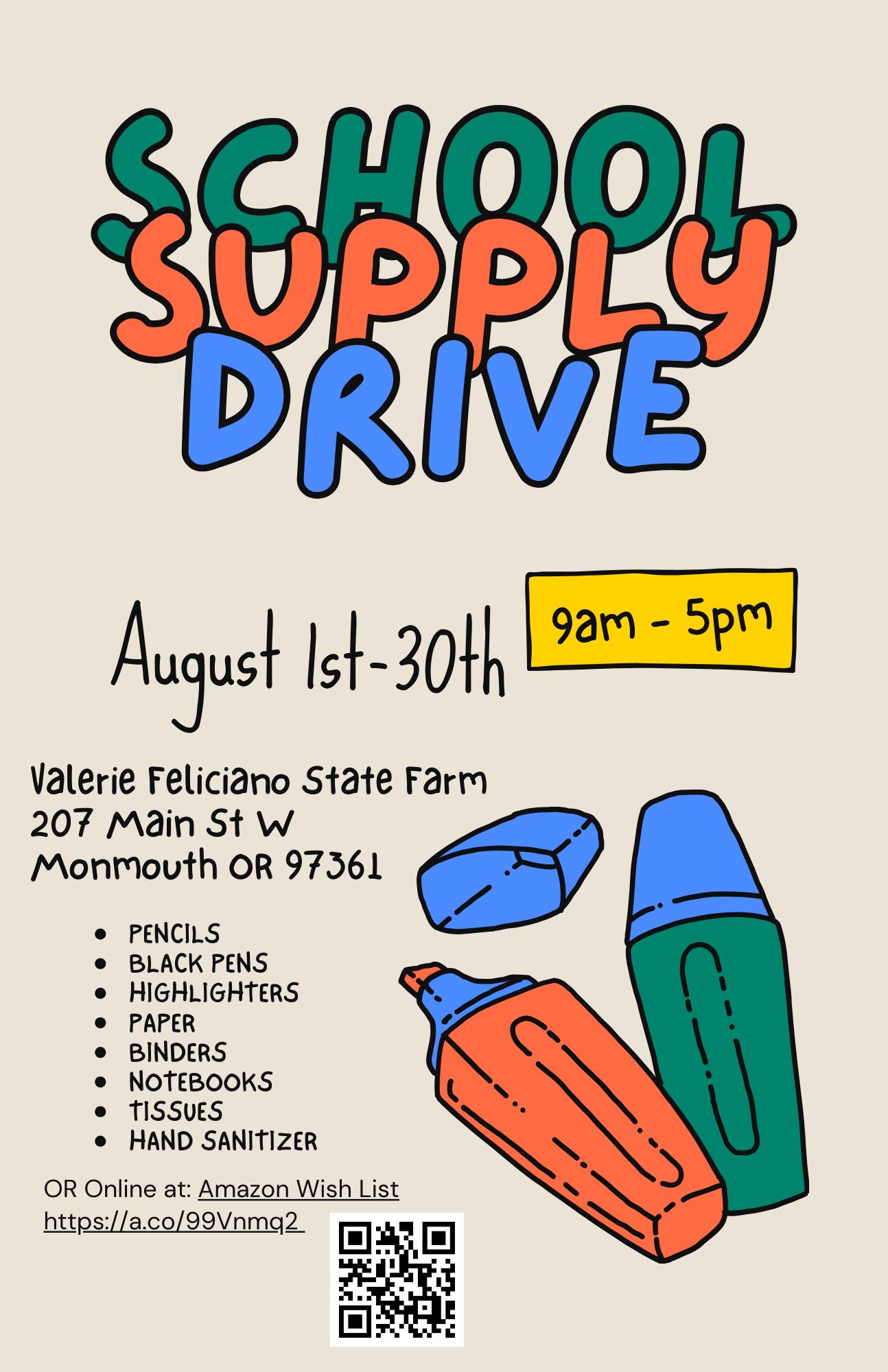 It's time to start thinking about school supplies! We've decided to run a supply drive again this year! We will be donating to the schools in our district at the end of August! You can drop supplies off at our office Monday - Friday 9am - 4:30pm OR we have started an Amazon Wish List (https://a.co/99Vnmq2) for those unable to drop supplies off. We appreciate the community and hope we can bless their students this year with a little help!