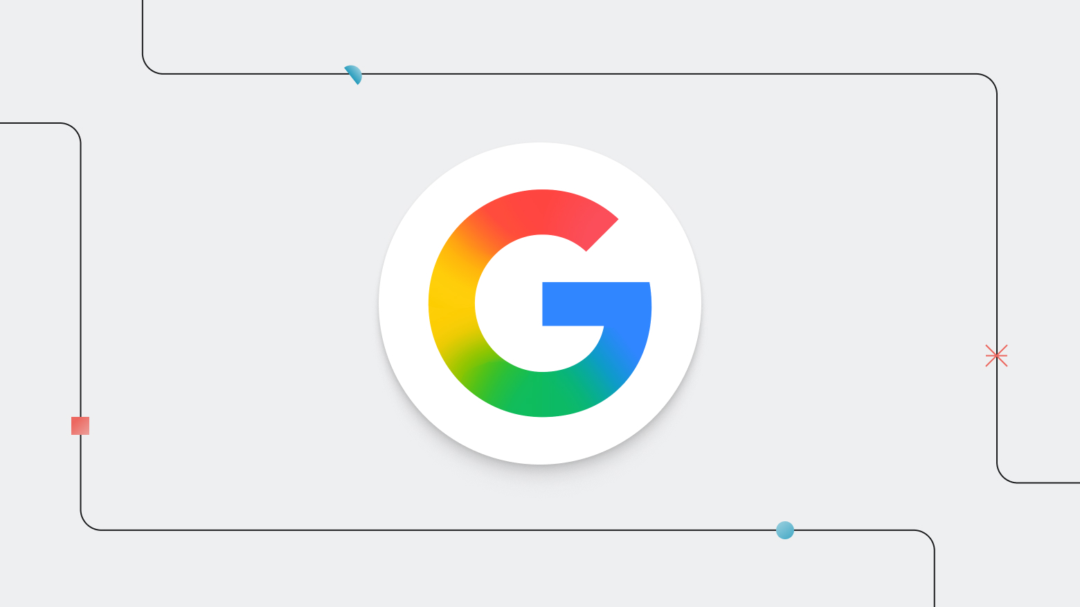 Google logo centered on a light gray background with curved black lines and small, colorful geometric accents.