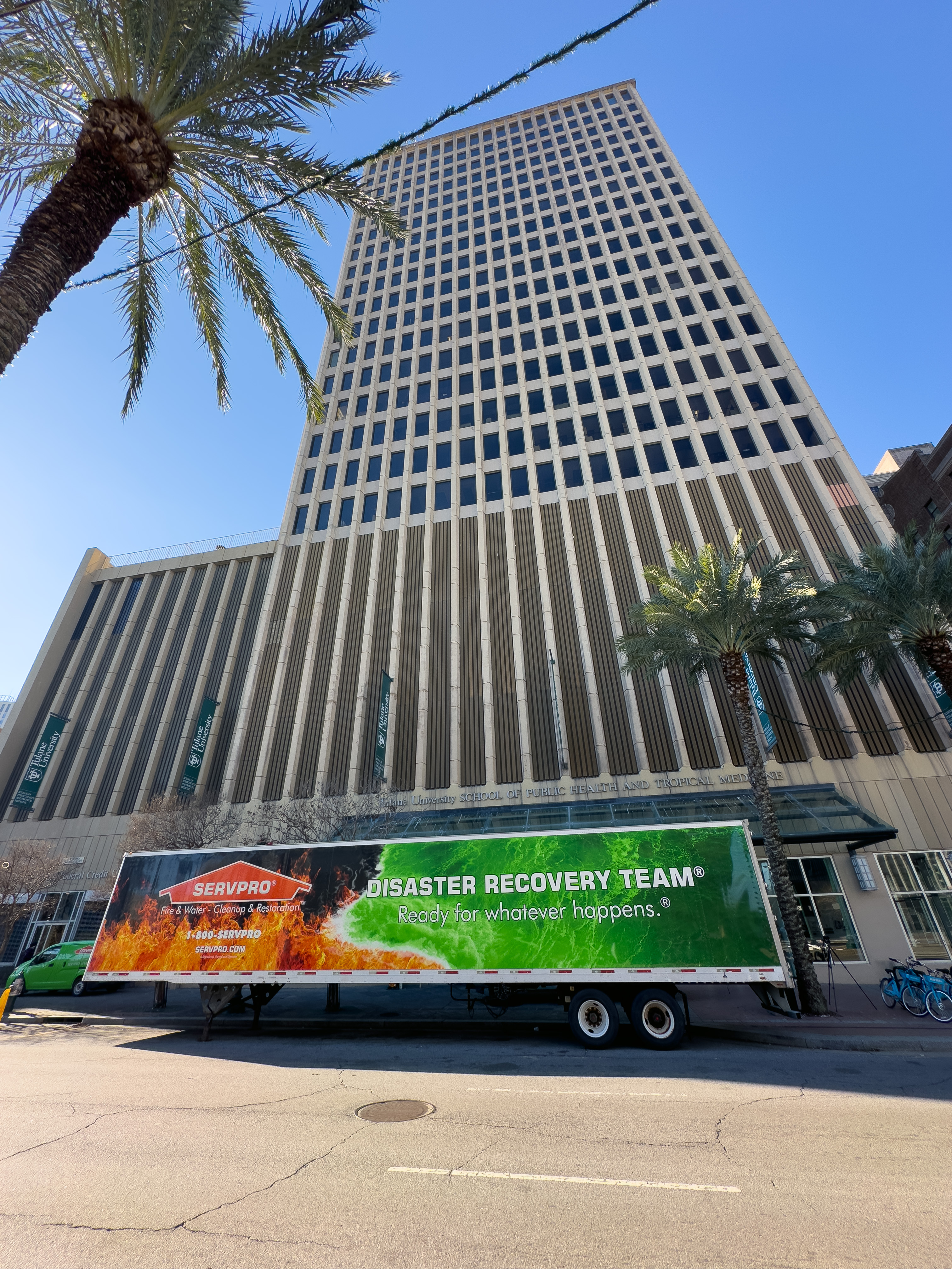 The SERVPRO team had to deliver equipment in a tractor-trailer to this job site due to massive water damage.