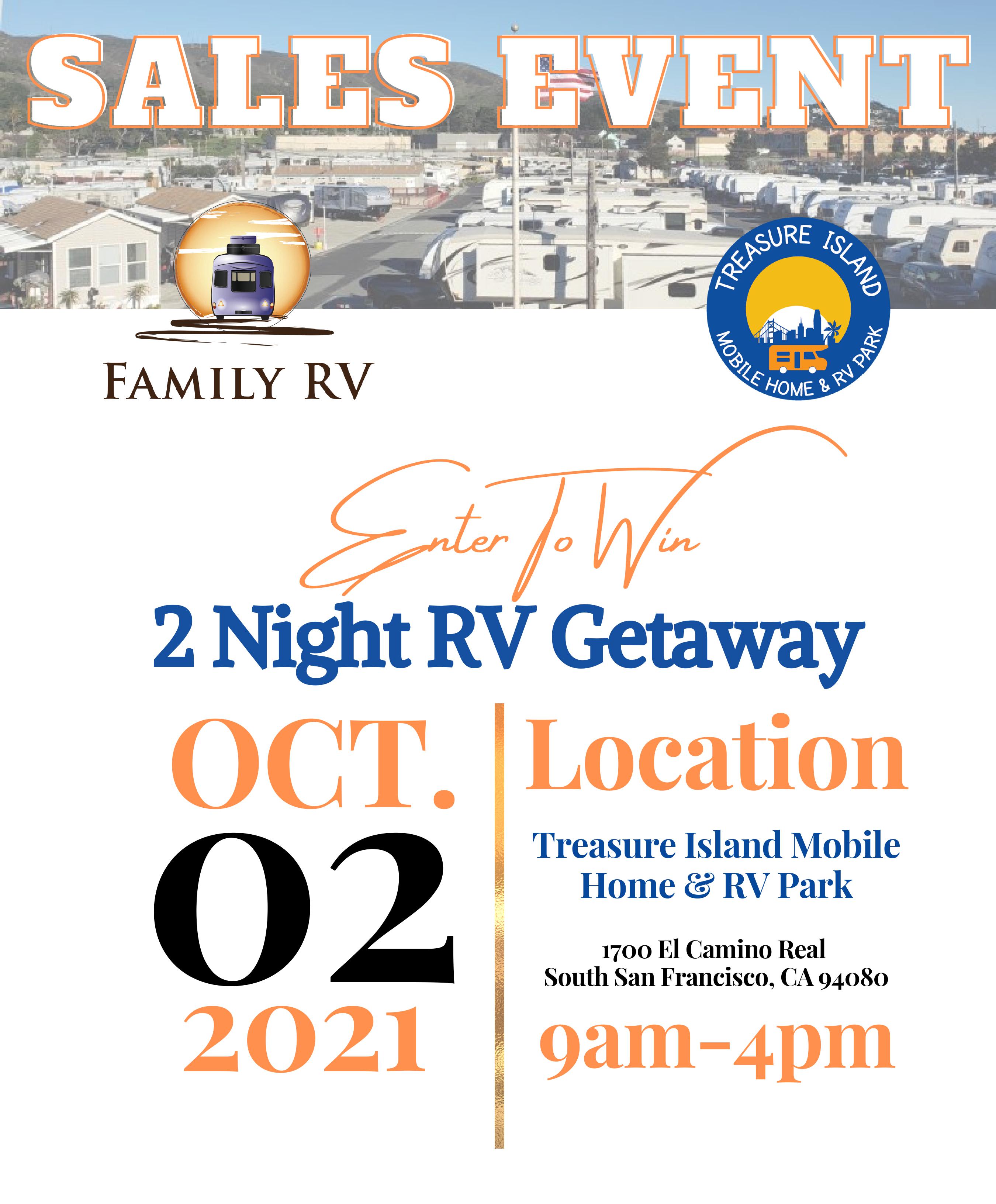 Visit Treasure Island Mobile Home & RV Park on October 2nd, enjoy an RV Show, and get a chance to win a 2-Night RV Getaway!