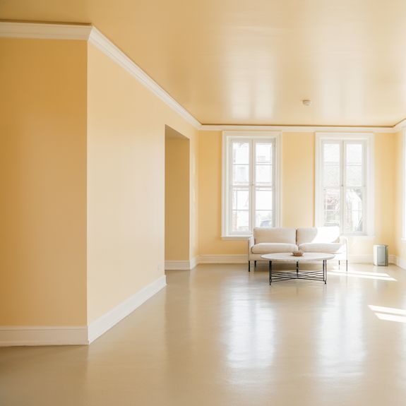 A bright, empty living room with pale yellow walls and a high ceiling. Two large windows allow natur 
