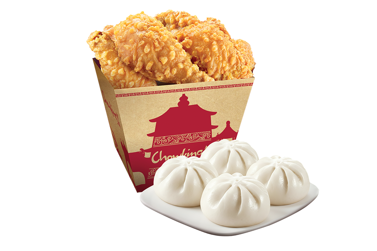Chowking Chinese Style fried chicken and 4 PCS Siopao on a white plate