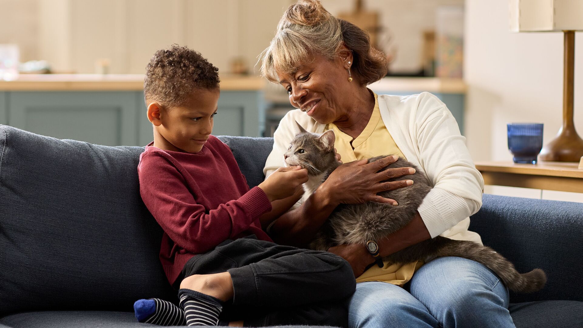 A senior woman holding her cat, while sitting next to her grandson as he pets the cat.