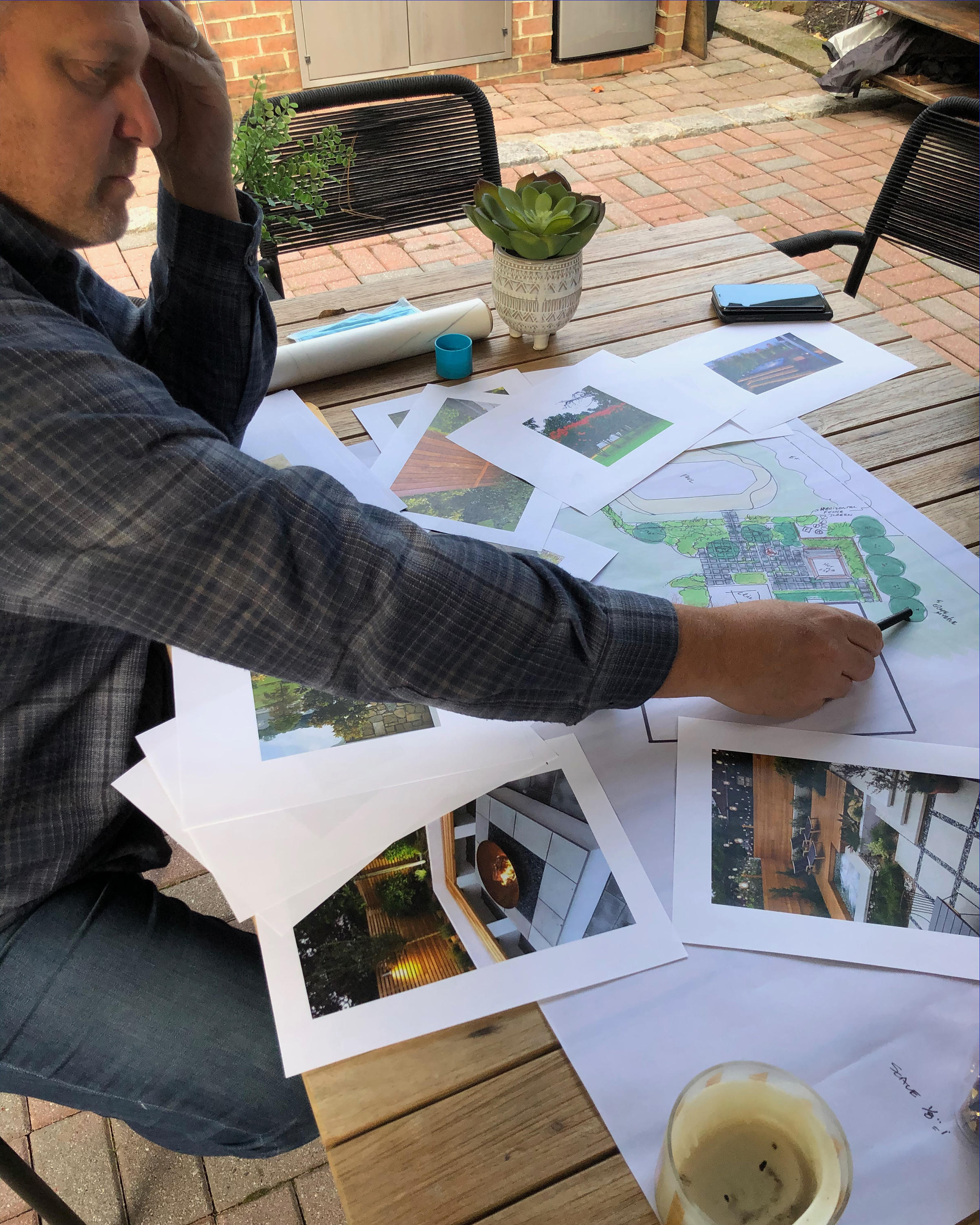 We love presenting our landscape design creations to our clients!  We  work with them to integrate their inspirations into a working concept. The wish list for this project includes:  Hot tub,  Natural wood seating & Fence, Plantings, Fire Pit, Sink, Walkway, and Pathways. www.gardenartisansllc.com 609-273-6519 609-647-0666 609-371-0099