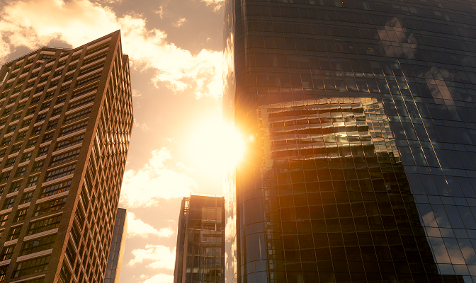 Skyscrapers in the setting sun.