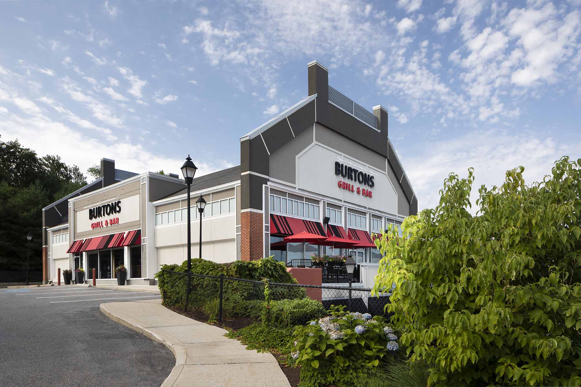 Exterior view of Burtons Grill in North Andover, MA.