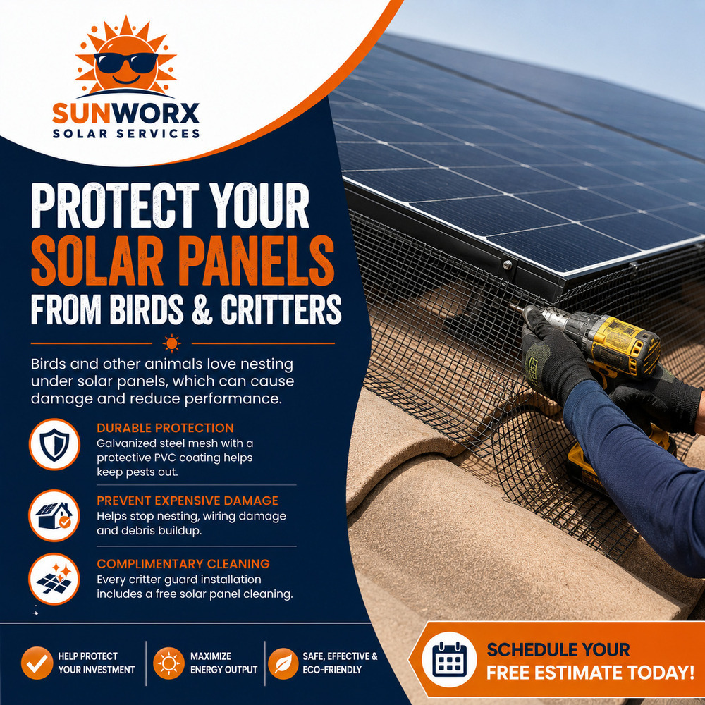 SunWorx Solar Services graphic featuring solar critter guard installation designed to help prevent birds and other animals from accessing the protected space beneath rooftop solar panels.
