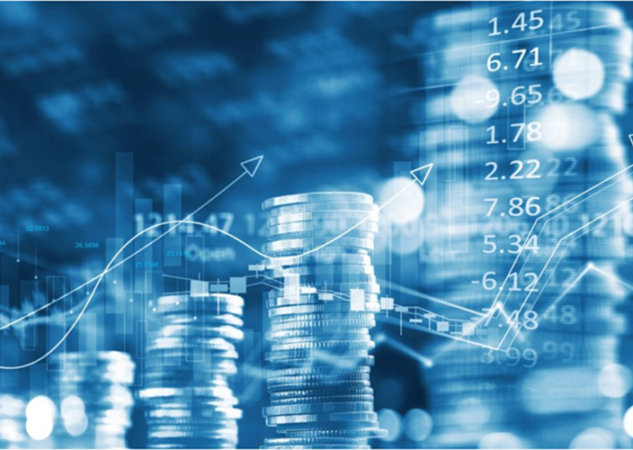 Stacks of coins with a blue overlay featuring market graphs.