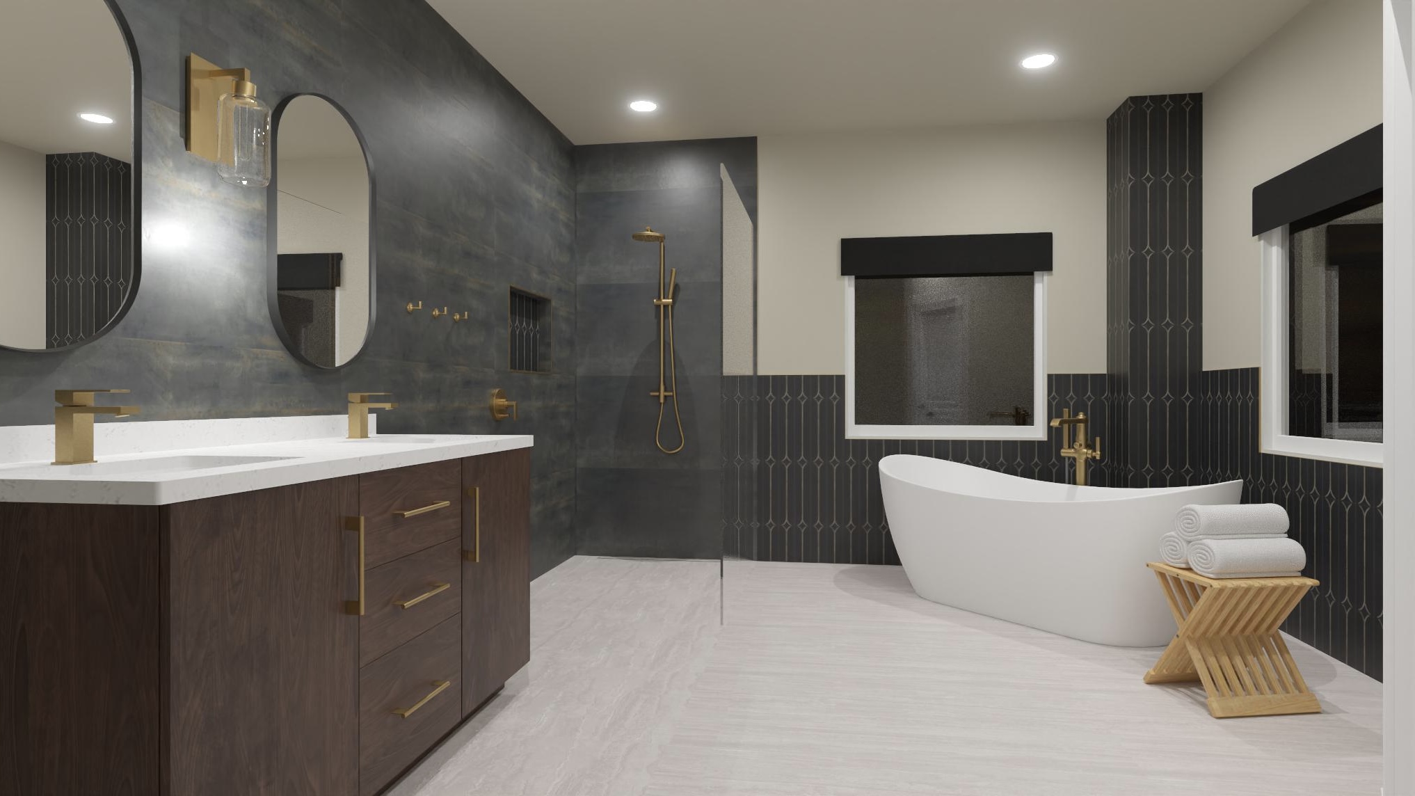 This stunning 3D rendering showcases a modern design with bold dark tile accents, gold fixtures, and a sleek freestanding tub for ultimate relaxation. The spacious walk-in shower and custom vanity add both style and functionality. Let Ledezma Remodeling bring your vision to life with our bathroom remodeling expertise.