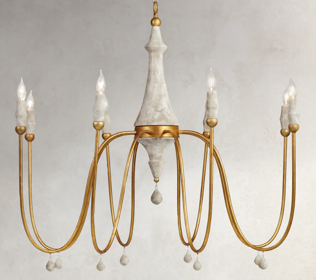 Clay Chandelier - Vintage Gold 41"Wx41"D x 375"H nspired by french antiques and mid-century modern design, the Clay Chandelier combines classic and contemporary elements. Featuring a turned wood center column with a distressed ivory finish and six smooth and elaborately curved vintage gold finished arms, the chandelier is a true blend of eras.